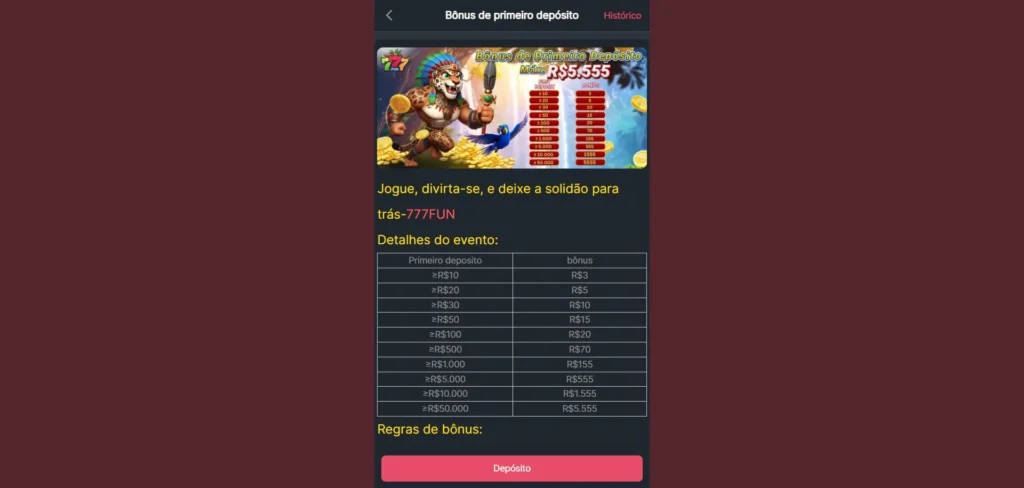 Bônus primeiro depósito 777fun
