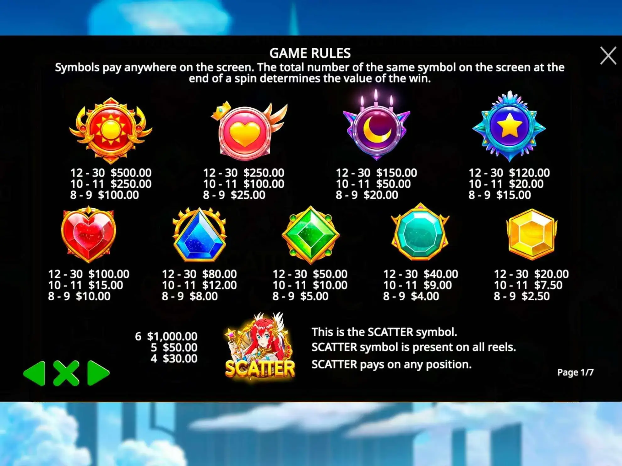 Símbolos starlight princess 1000