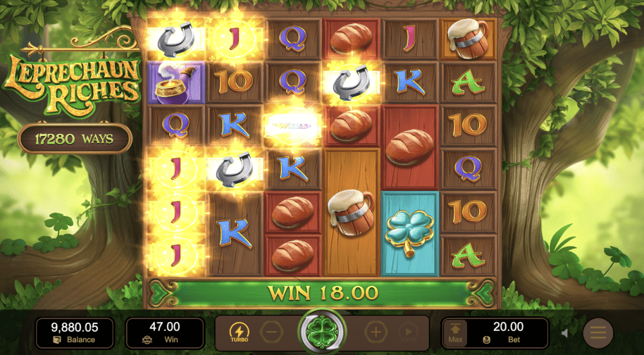 Interface do Leprechaun Riches com 17.280 ways e vitória de 18,00
