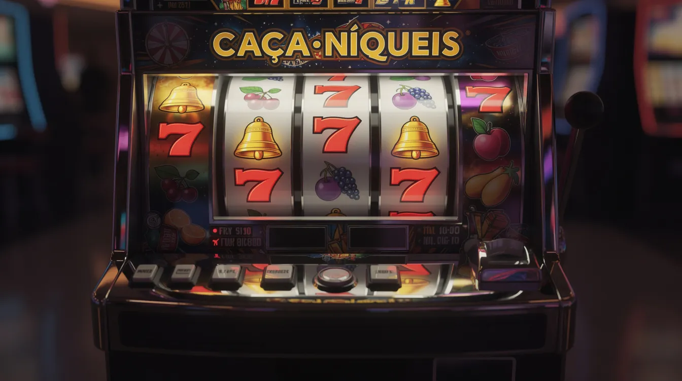 Imagem de uma máquina caça-níqueis vibrante, decorada com símbolos de frutas, sinos e o número sete em destaque, sobre um fundo escuro. A cena transmite a emoção de um jogo de slots, com a promessa de prêmios e recursos como giros grátis e multiplicadores.